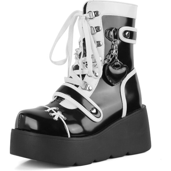 ✨Women's Black Wedge High Heel Booties Goth Round Toe Combat Heart Chain Boots